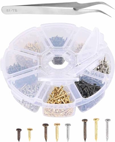 1600 piezas de clavos pequeños de madera de 6mm, 8mm y 10mm en estuche circular con variedad dorada, plateada y bronce para decoración y bricolaje miniatura 1