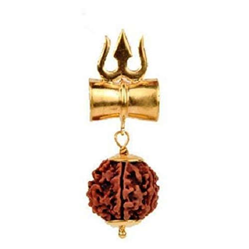 Malabar Gems Unisex Wood Brown Shiv Shakti Kavach 5 Mukhi Rudraksha, Trishul, Damru Pendant