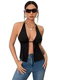 SOLY HUX Women's Open Back Tops Split Front Halter Tie Backless Sleeveless Sexy Top Solid Black Medium