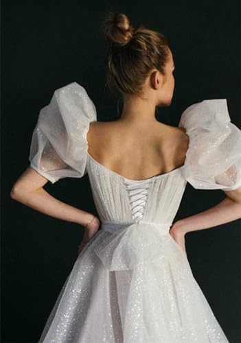 WDBFY Glitter Tulle Puffy Sleeves Prom Dresses Long Princess Gowns for Bride Wedding Party Dresses3