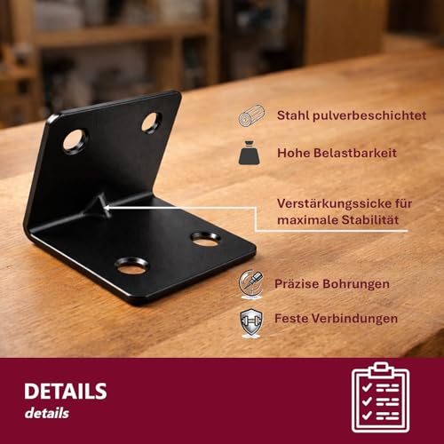 10x Winkelverbinder breit Balkenwinkel ideal für Innen- & Außenbereich Stahl pulverbeschichtet, Schwarz - Metallwinkel (3 cm)
