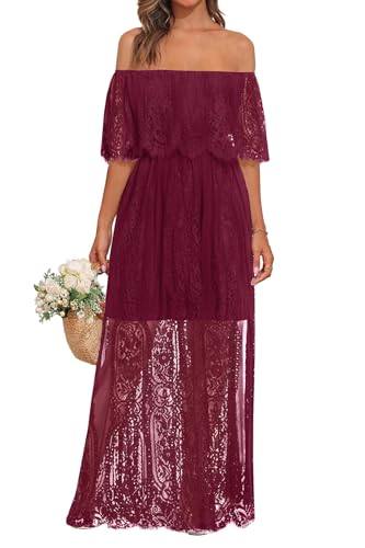 Holipick Burgundy Bridesmaid Dress lace Boho Wedding Guest Maxi Off