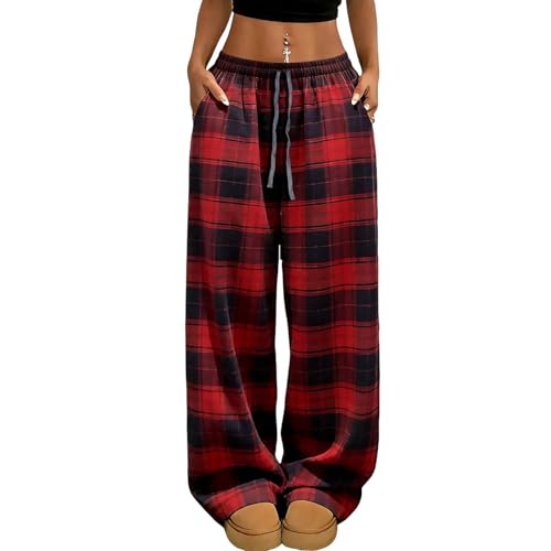 Womens Plaid Checkered Pants High Waist Pajama Pants Lounge Wide Leg Baggy Oversized Sweatpants with Pockets