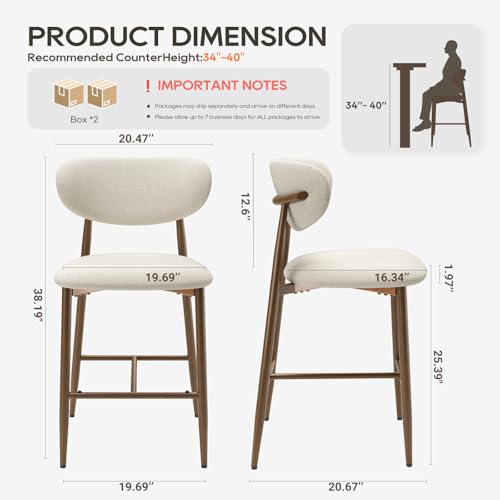 Image of MALOL Bar Stools Set of 3, Counter Height bar stools, Kitchen Bar Stools with Backs, Modern Upholstered, Modern Bar Stools with Metal Legs for Kitchen Island, Counter, Beige