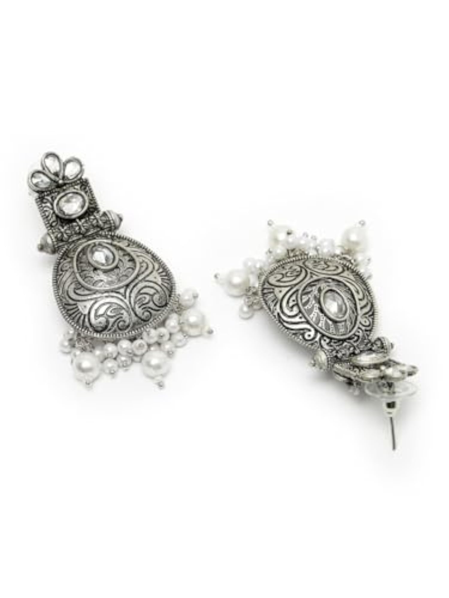 Silver-Plated Kundan Stone & Pearl Oxidised Drop Earrings