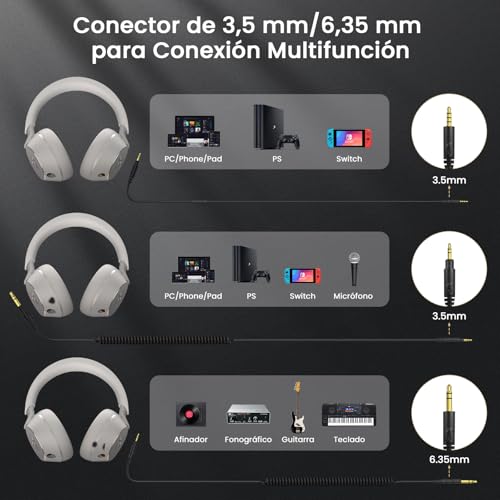 DOQAUS Auriculares DJ con Cable, Estéreo de Mezcla y Monitor de Estudio, 50mm Controladores,2 Cables (3.5 y 6.35mm) Conector de Audio para PC AMP Grabación de Teléfono Piano Guitarra, Blanco - imagen 4