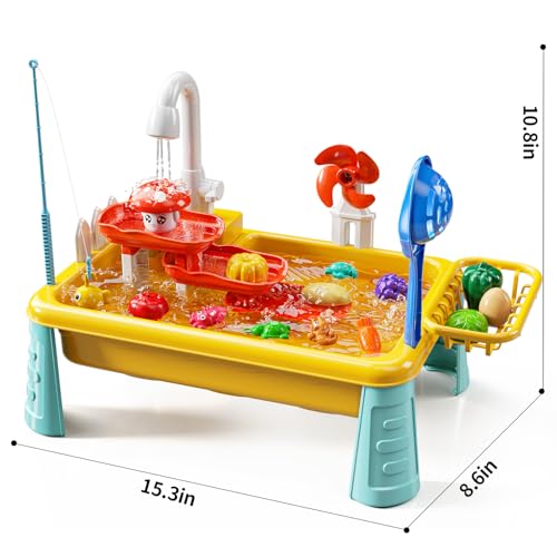 JUKUDAHU Water Table Toy for Kids 2 3 4 5 6 Years Old - Outdoor Kitchen Toys Set with Electrical Faucet, Toddler Fishing Games, Summer Beach Sensory Water Play Table, Gifts for Boy Girl 2+ 3-5(Yellow) - Thumbnail 3