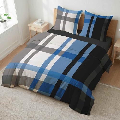 etérea Seersucker Bettwäsche 155x220 cm - bügelfreies Bettwäsche Set mit Kissen - Microfaser Satin nach Oekotex 100 - Reißverschluß - Kariert - 155x220cm + 80x80 cm Kissenbezug - Blau