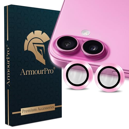 Image of ArmourPro Premium Camera Lens Protector Tempered Glass Compatible For iPhone 16 Plus and iPhone 16 Tough HD Individual Aluminum Alloy Rings 9H Camera Cover , Scratch-Resistant,Camera Lens Protection| Pink