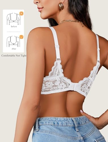 Avidlove Women's T-Shirt Bra Sexy Underwire Full Cup Unpadded Bras Push Up V-Neck Underwear Bralette Lace Bralettes Soft Comfortable Bustier White XXL - Image 2