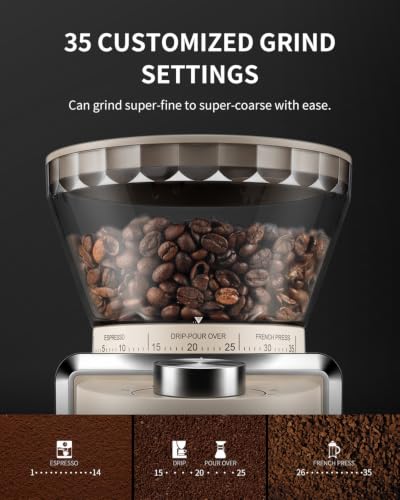 KIDISLE Conical Burr Coffee Grinder 2.0, Electric Coffee Bean Grinder for Precise Grinding, 35 Settings, 2–12 Cup Selector, Anti-Static Design for Home Use, Beige - Image 5