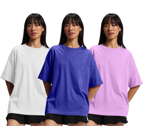 Image of JUNEBERRY 100% Pure Cotton Drop Shoulder Oversized Baggy Fit Half Sleeve Plain Solid Round Neck Multicolor T-Shirt Combo for Women & Girls (Pack of 3) (Sizes S-2XL)