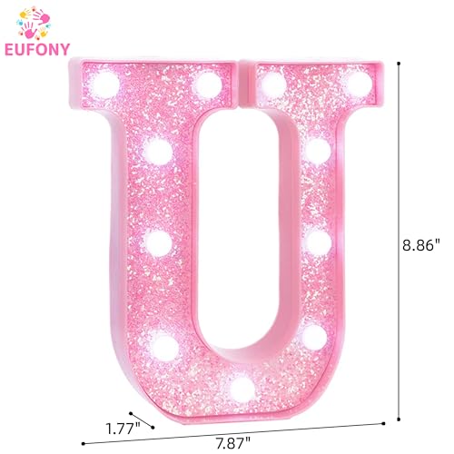 Image of Pink Marquee Light Up Letters, Glitter Alphabet LED Letter Lights for Pink Birthday Party Decorations, Battery Operated Letter Sign for Girls Room Vanity Table Decor, Cool White Lights Letter U