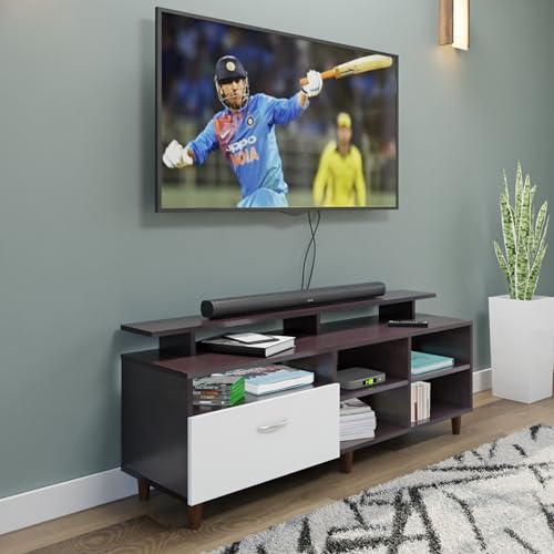 Image of VIKI Modern TV Unit for Living Room | Engineered Wood TV Cabinet with 1 Drawer Storage, 2 Open Shelves & Extension, Entertainment Unit, 140W x 48H x 40D cm | DIY | 1 Year Warranty (Wenge & White)