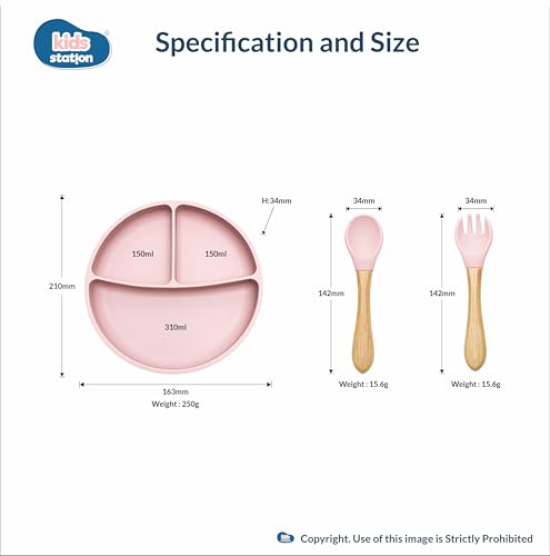 Image of Kids Station 3 Piece BPA-Free Silicone Baby Feeding Set - Baby Plate - Spoon and Bowl - Make Mealtime Fun - Microwave Safe - Unbreakable Eco-Friendly - Organic & Natural (Plate (Set of 3), Light Pink)