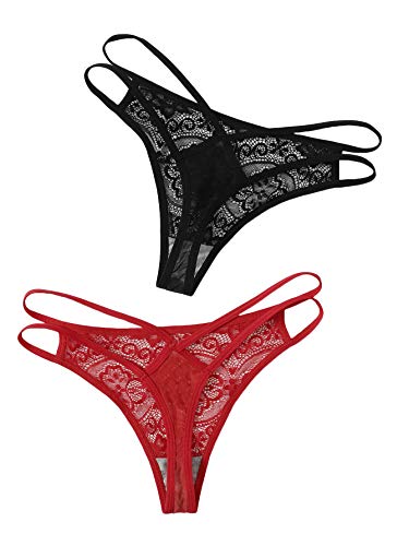 Verdusa Women's 2Pack Sheer Floral Lace Strappy Thong Underwear Panty Set Black Red M #TOP1