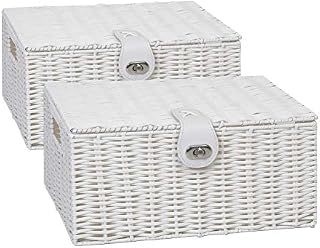 2 x Arpan Resin Woven Storage Hamper Basket Box with Lid & Lock (White - Small)