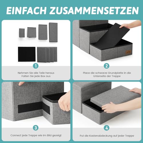 COZY KISS Hundetreppe für Kleine Hunde mit Stauraum, Breite Haustiertreppe Faltbare für Bett und Couch, Hunderampe mit Rutschfestem Boden, Lecksichere (Grau, 43x97x56cm, 4)
