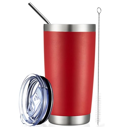 COMOOO 20oz Double Wall Vacuum Insulated Travel Mug, Stainless Steel Tumbler with Lid and Straw Durable Powder Coated Insulated Coffee Cup for Cold & Hot Drinks (Red, 1 PACK)