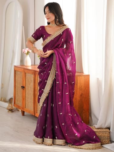 Image of AKHILAM Women's Shimmer Off White Georgette Sequence Embroidery Saree With Unstitched Blouse Piece