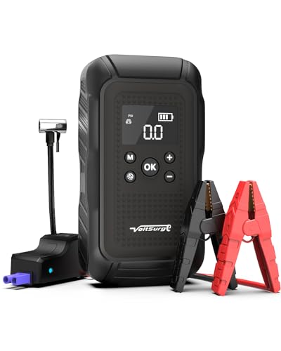 VoltSurge Arrancador de Baterias de Coche con Compresor de Aire, 5000A(para 10.0L Gasolina o 8.0L Diesel)- Arrancador de Coches Portátil con Inflador de 150 PSL y PantalIa Grande