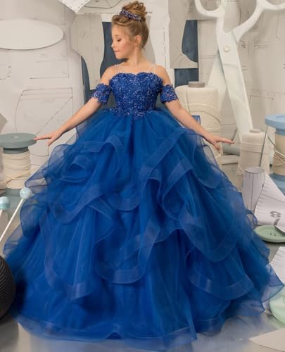 Spagehtti Strap Girls Long Pageant Dress Princess Flower Girl Dresses Beaded Applique Tulle Kids Prom Ball Gown3