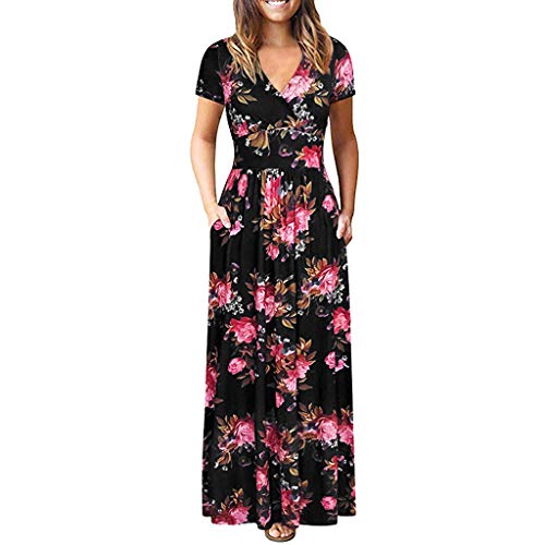 Sunnywill Women Dress, Women's Summer Fashion Short Sleeve V-Neck Print Long Slim Dress Womens Elegant European Ins Style Midi Dress Wedding Dress Black