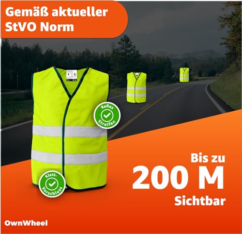 OwnWheel 4X Warnweste Auto ISO20471-2026: gelb - reflektierende Sicherheitsweste für PKW & LKW - Notfall & Pannenwesten