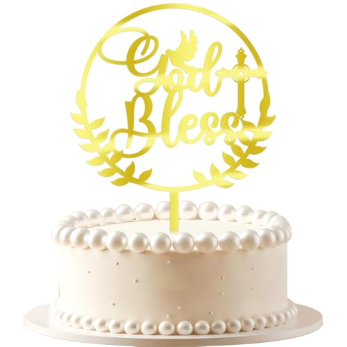 VQOUZVSR Decoración acrílica para tartas con espejo dorado que Dios bendiga y cruz – se puede utilizar para decoración de tartas de primera comunión, baby shower y fiesta de cumpleaños