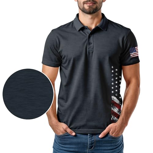Image of Patriotic USA Golf Polo Shirt - Men's Performance Short Sleeve Moisture Quick Dry Fit Athletic Veteran UPF Stretch Casual Fun