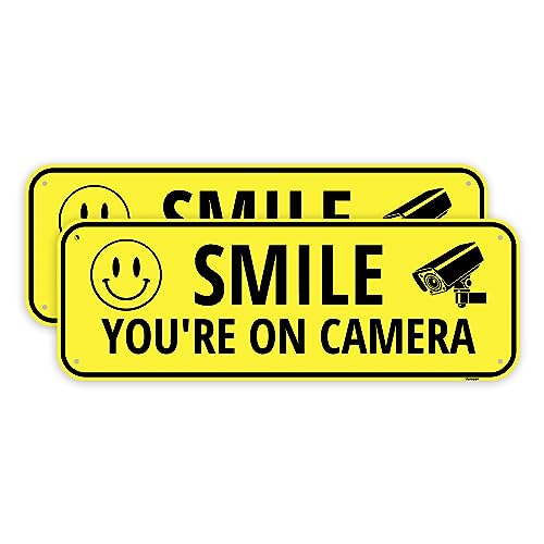 2PC Smile Your On Camera Sign 10 x 3.5 Inches - Aluminum - Security Youre On Camera Warning Surveillance Metal Signs Small