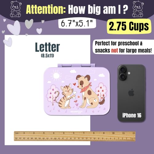 Image of BEARFOOT Kids Lunch Box with Compartments - Compact & Lightweight | Leak-Proof, BPA-Free, Dishwasher Safe | Hand-Drawn Design for Preschool, School, Travel (Dog & Cat Purple, 2.75 Cups)