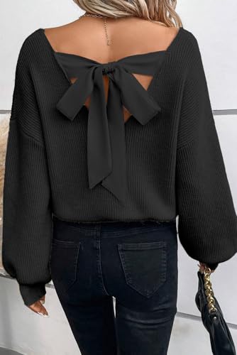 Image of Womens Off Shoulder Bow Back Sweater Sexy Loose Fit Deep V Neck Knit Tops | Backless, Lantern Long Sleeves, Ribbed Knit, Lightweight, Fall Winter Outfit, Party, Halloween, Christmas, New Year's Eve