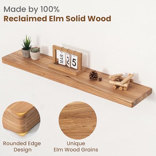 Image of Floating Shelves for Wall, 36 inchWx8 inchD Rustic Solid Elm Wood Floating Shelves Wall Mounted, Round Edge Wall Shelves with Invisible Bracket for Living Room Bathroom Bedroom Kitchen, Set of 2, Natural