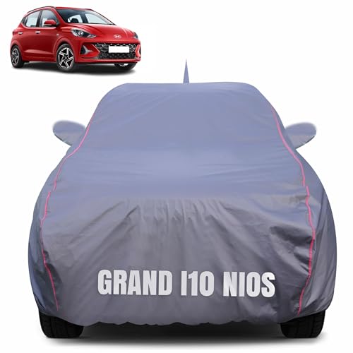 Image of 100% Waterproof Car Body Cover for Hyundai Grand i10 Nios (2019-2025) with Mirror Pocket (Heat & UV Resistant, Triple Stitched, Soft Lining, Bottom Elastic & Piping) Grey