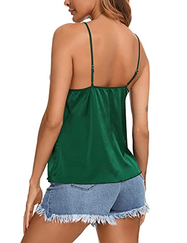 Vidussa Satin Green Tops For Women Cami Top For Women Satin V Neck Camisole Silk Sleeveless Blouse Tank Tops Shirt Dark Green L #TOP1