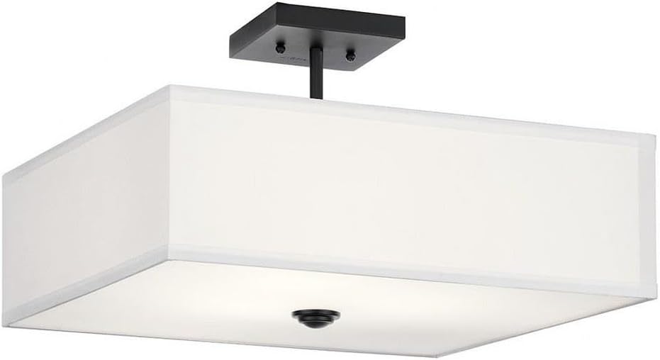 Kichler, Shailene 18" 3 Light Square Semi Flush with Satin Etched White Diffuser and White Microfiber Shade in Black, 43693BK