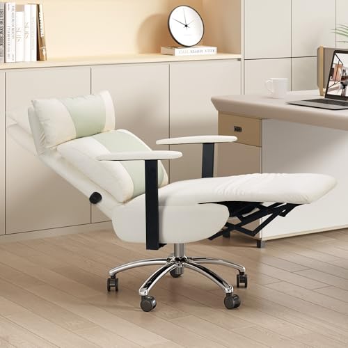 OKUP M40 Reclining Office Chair with Adjustable Headrest and Footrest, 170° Ergonomic Comfortable Office Chair Zero Gravity, Leather Executive Home Office Desk Chair (Cream&Green, With Lumbar Support)