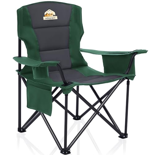 Colegence Oversized Folding Camping Chairs - 450 LBS Support Heavy Duty Camp Chair with Padded Cushion, Portable Outside Chairs with Carry Bag,Cooler, Cup Holder for Outdoor, Lawn, Sports - Green