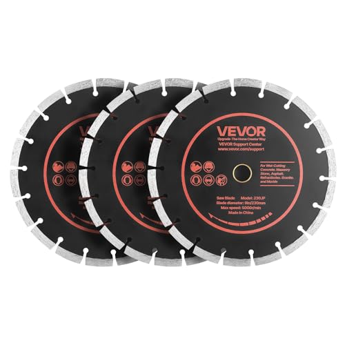 VEVOR Disco de Corte de Diamante 230 mm, Juego de 3 Piezas, Disco para Rozadora de Pared con Segmentos 2 mm, Eje 22,2 mm para Cableado Hormigón Ladrillo Tuberías y Mampostería, Núcleo de acero 65Mn