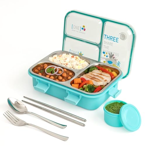 Image of PRIME DEALS Lunch Box 3 Compartment Leak-Proof BPA Free Stainless Steel, Lunch Box for Kids, Lunch Box for School & Office with a Fork, a Spoon and a Pair of Chopsticks (Sky Blue, 3 Compartment)