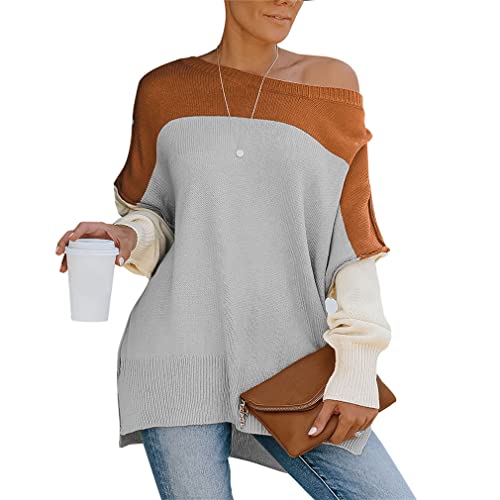 QIYUN.Z Women Sweaters Patchwork Long Sleeve Sweaters Women Fashion Sweatshirt Brown