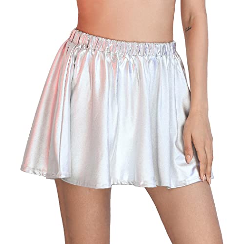 Flovel Damen Stretch Skater Rocke Wetlook Rock Shiny Metallischer Faltenrock Kostüm für Frauen und Mädchen(Silber) Cover