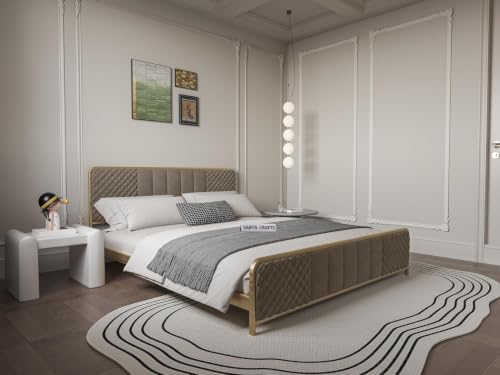 Image of Modern Upholstered Queen Size Bed for Bedroom | Metal Double Bed | Platform Cot Bed with Upholstery Premium Fabric | 6.5 x 5 Ft | Powder Coated Metal Beds | Beige
