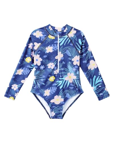 Century Star Girls Long Sleeve Swimsuit Toddler Kids Teen Rash Guard One Piece Bathing Suit Cute Swimwear UPF50+ Zipper 2-15 Years Blue Floral 12-13 Years