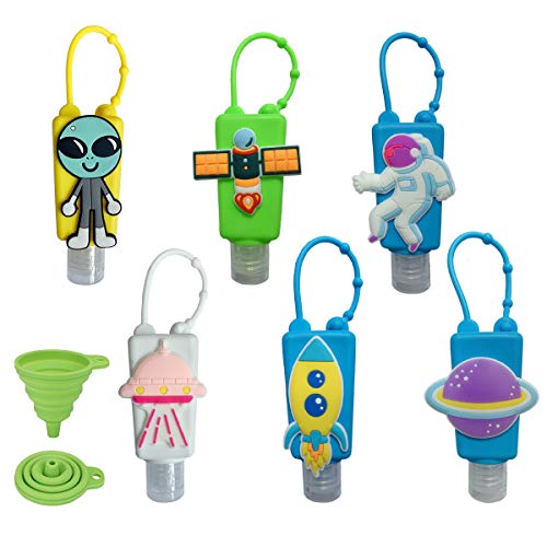 DARUNAXY 6 Pack 30ml/1oz Silicone Bottles Holder Kids Cartoon Travel Portable Plastic Leak Proof Keychain Carriers-Random Colors Bottle/Without Liquid (Astronaut)