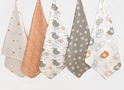 Image of Trance Home Linen Super Ultra Soft 100% Cotton Malmal Baby Swaddle Cloth | Baby Wrap for New Born Babies | Skin Frindelly Soft Baby Towel |New Born Swaddles-(100x100 Cm, Terra Tots,Pack of 5)