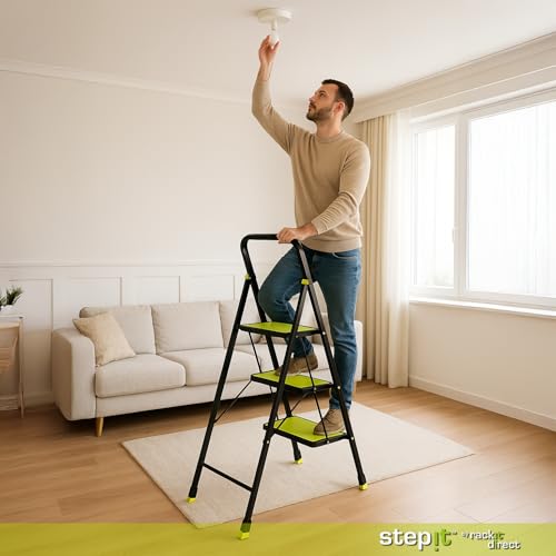 Stepit 3 Step Steel Step Ladder With Anti-Slip Feet - Folding Step Stool With Modern Design - Kitchen, Home & Garage Small Steps - 150Kg Capacity - Space Saving Storage - Small Step Ladder - 9
