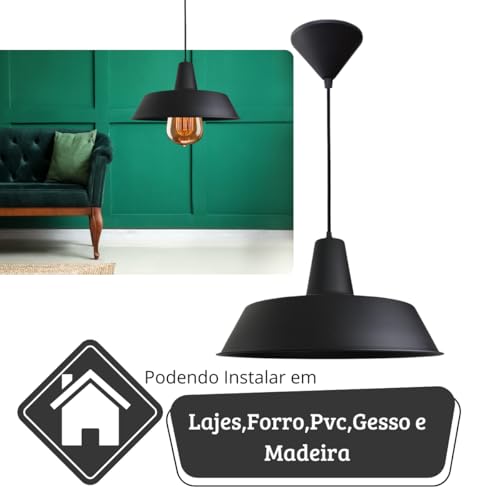 Pendente Lustre Industrial de 36 cm, Preto, para Balcão, Jantar, Cozinha, Sala, Quarto