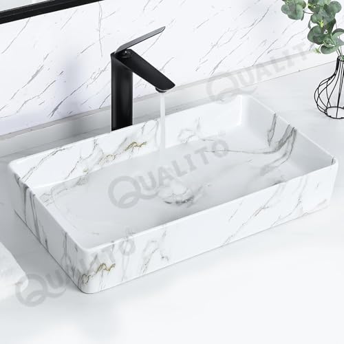 Image of QUALITO Designer Table Top Wash Basin for Bathroom, Living Room, Hall, Dinning Room | Big Size Ceramic Vessel Sink /Basin | Glossy Finish Marble Vanity Basin (24x14x5 Inch, Lito)